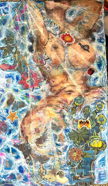 "H2Heaux," acrylic + collage on upcycled paperboard