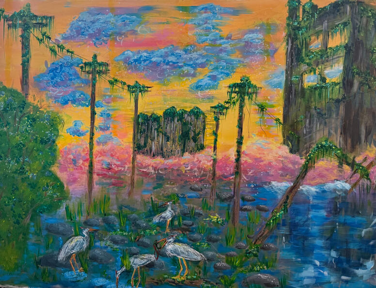 "Four Cranes," acrylic on canvas (2025)